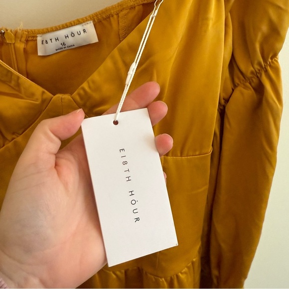 NWT Ei8th Hour Satin Puff Sleeve Mini Sz 16 Dress Mustard Cottagecore Romantic - Picture 8 of 13
